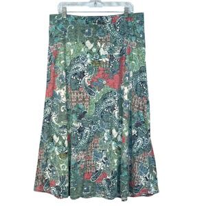 Coldwater Creek Maxi Skirt Women Size L Green Paisley Floral Pull-On Lined Artsy